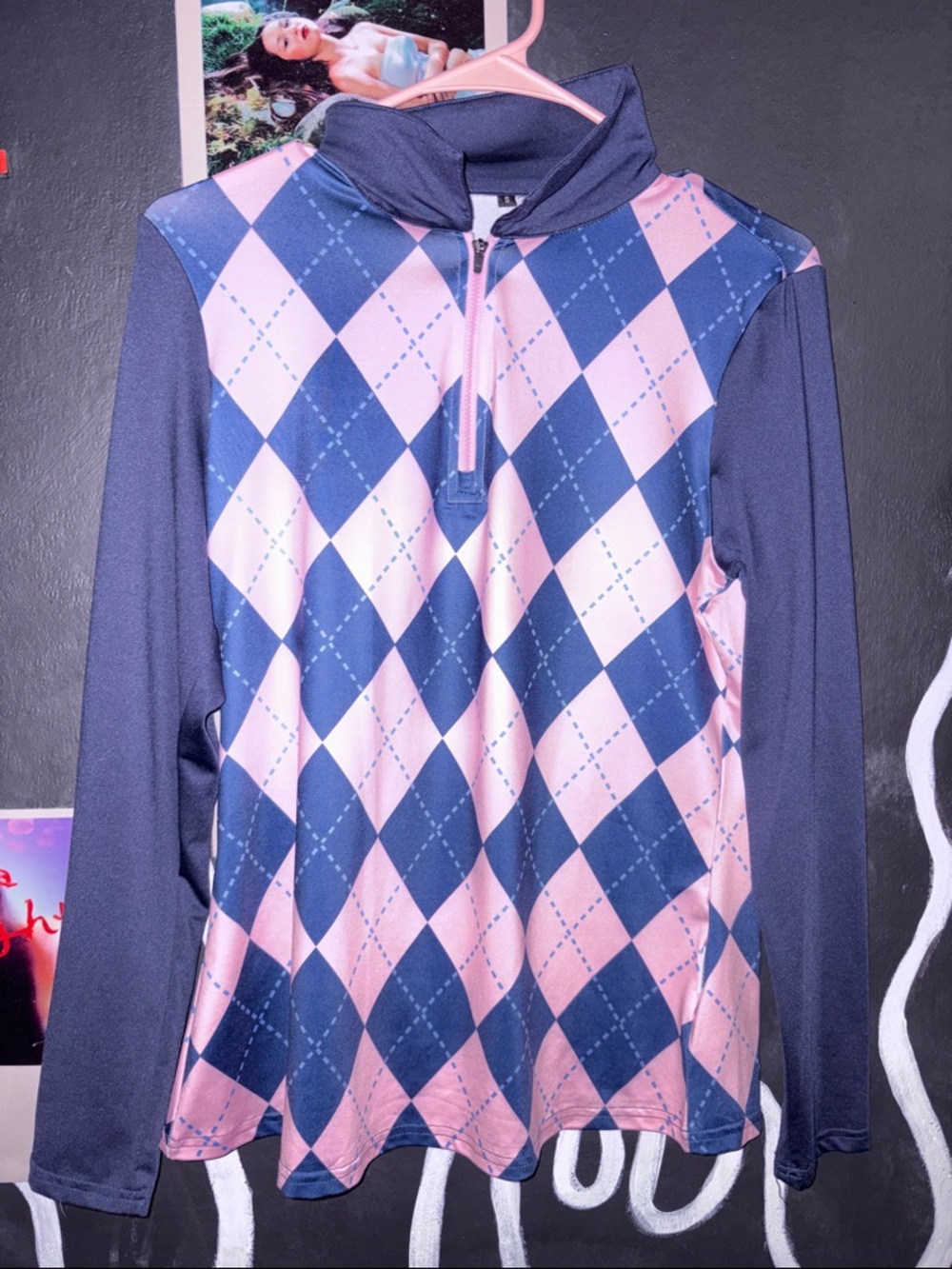 Long Sleeve Golf Quarter-Zip Pullover Sweater - Pink & Navy